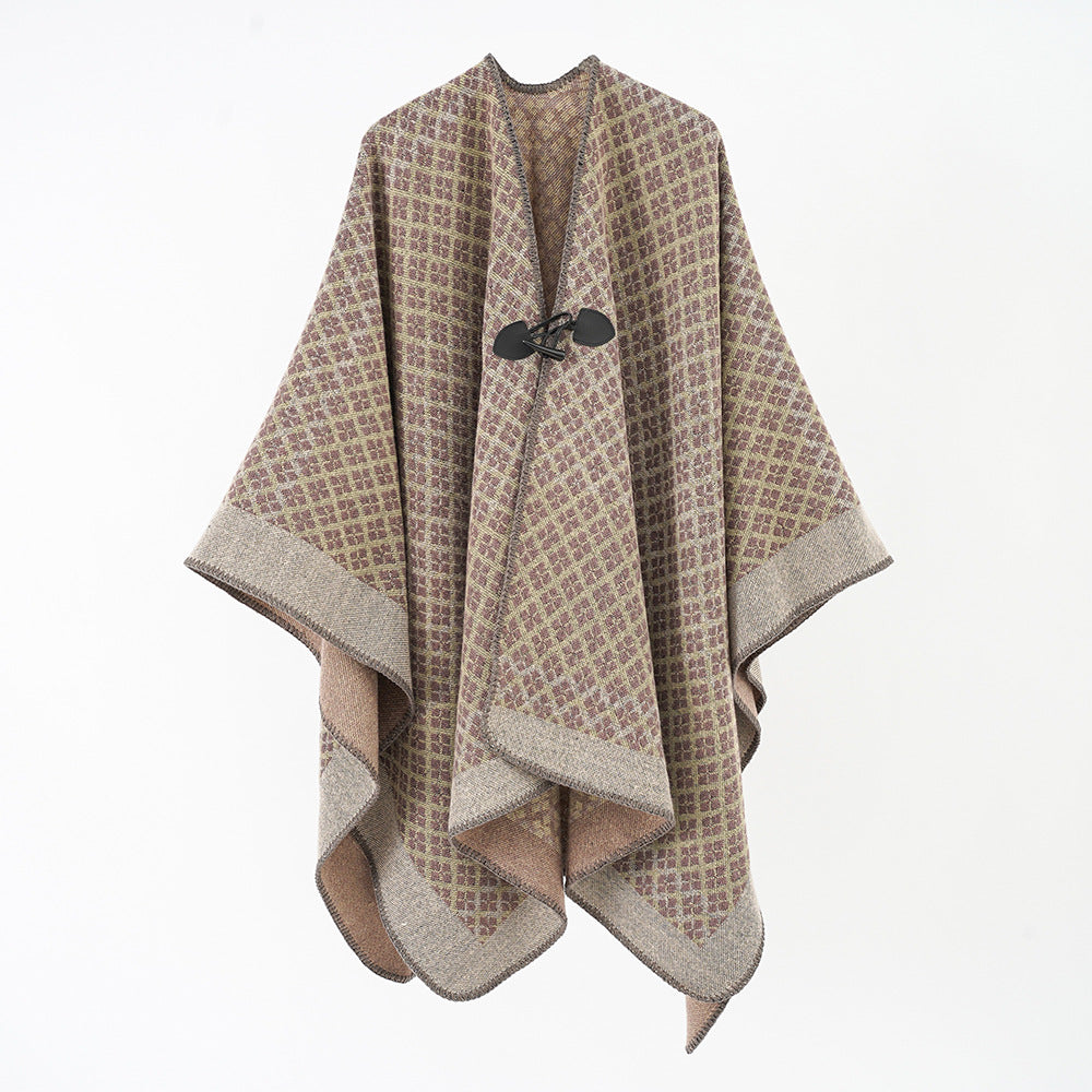 Damen Wollmischung Poncho mit Jacquard‑Muster und Knebelverschluss – Avérine