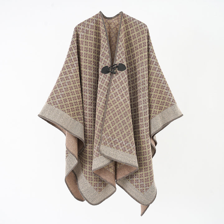 Damen Wollmischung Poncho mit Jacquard‑Muster und Knebelverschluss – Avérine