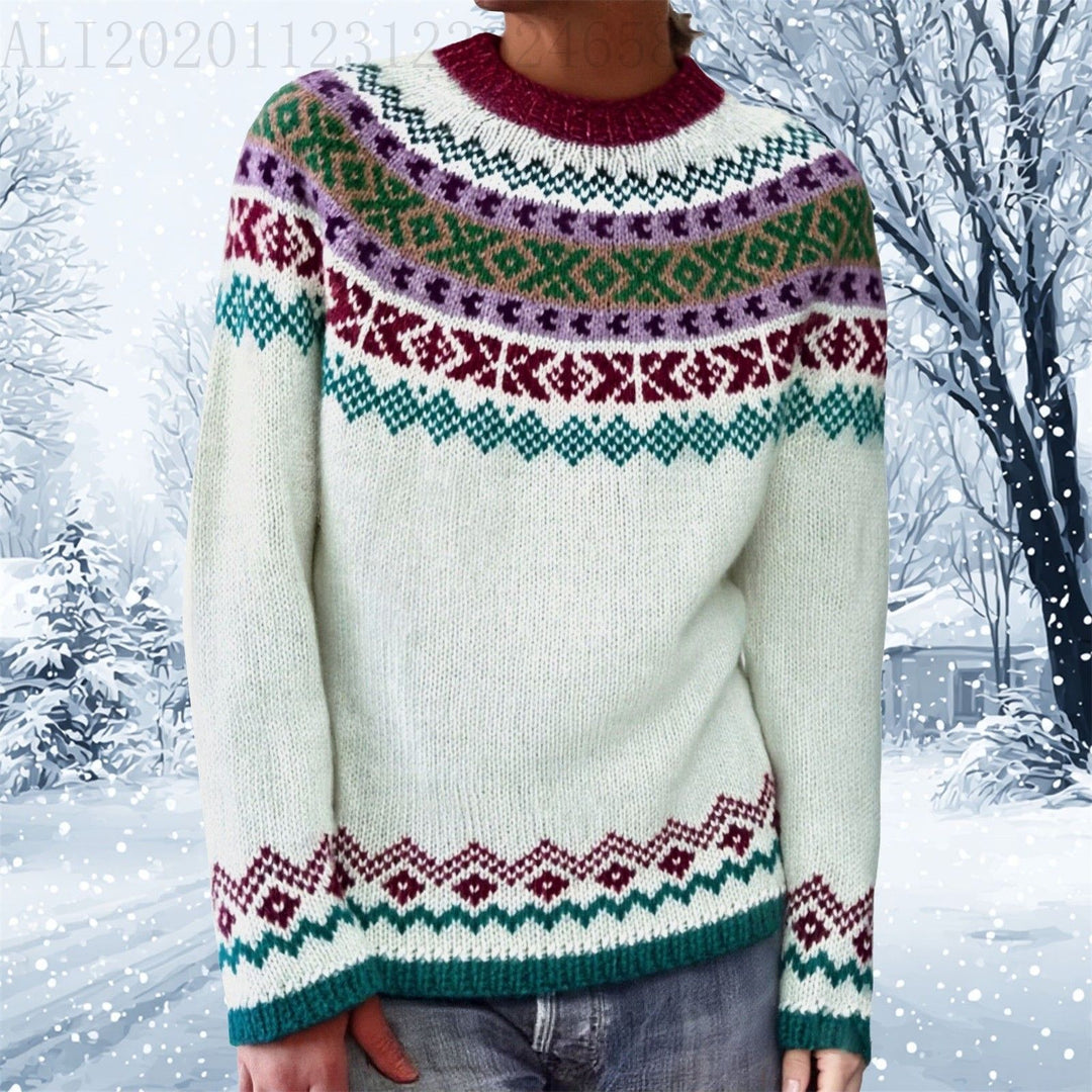 Damen nan melierter Rundhalsausschnittpullover mit kreisförmigem Jacquard-Yoke und geripptem Saum Echo Archiv