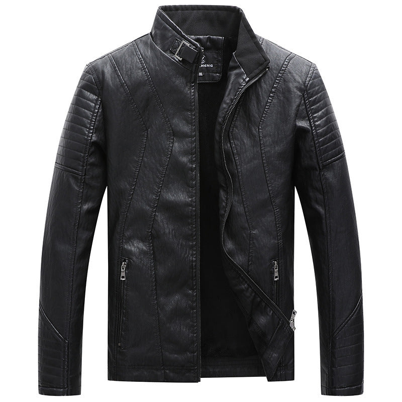 Herren schlankes Kunstleder-Bikerblouson mit Stehkragen, Ziersteppungen und Reißverschlusstaschen Echo Archiv