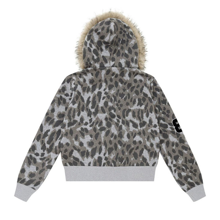 Damen Kapuzen-Sweatjacke mit Kunstfellbesatz, Leo-Allover und Reißverschluss Echoarchiv