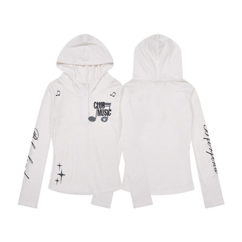 Damen Leichtes Langarm-Hoodie-Henleyshirt mit Knopfleiste, Kapuze und Music-Print Echoarchiv