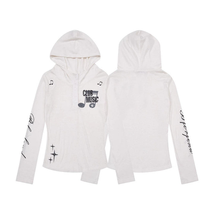 Damen Leichtes Langarm-Hoodie-Henleyshirt mit Knopfleiste, Kapuze und Music-Print Echoarchiv
