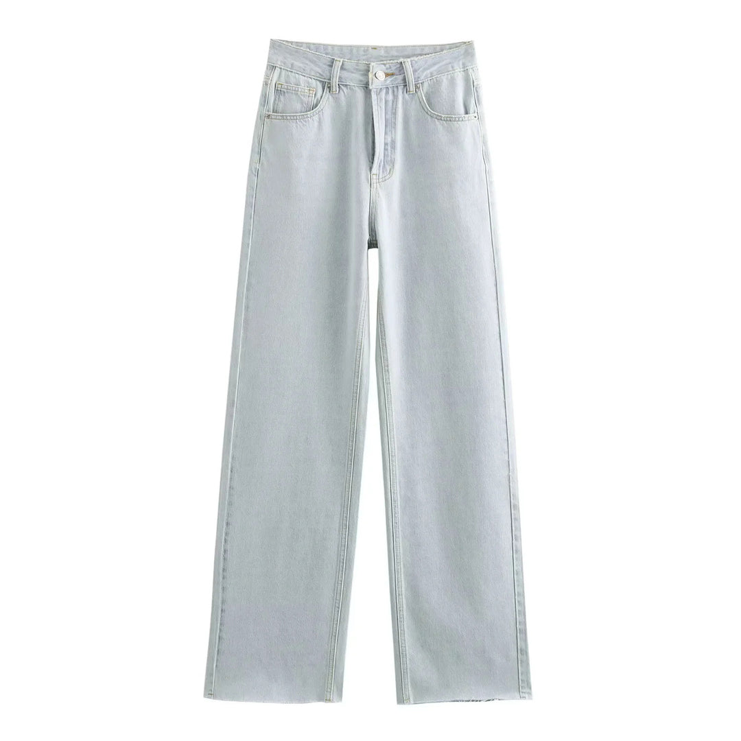 Damen hochgeschnittene weite Denimjeans mit geradem Bein und Fransensaum – Dénora