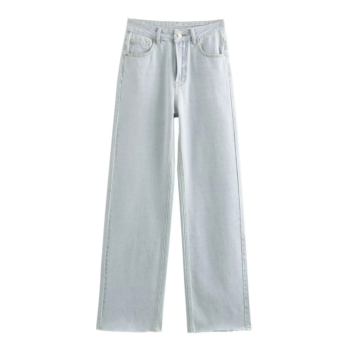 Damen hochgeschnittene weite Denimjeans mit geradem Bein und Fransensaum – Dénora