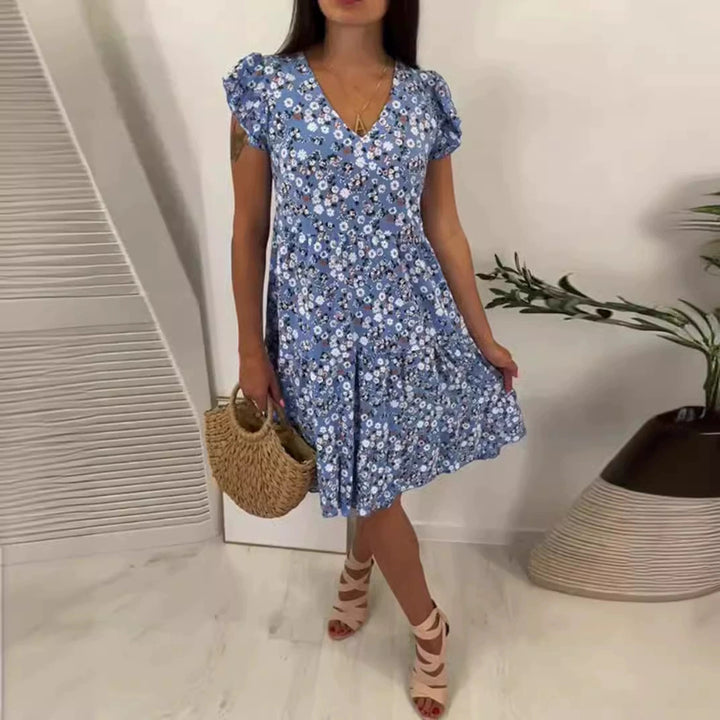 Damen nan V-Ausschnitt Kleid mit geraffter Taillennaht, kurzen Volantärmeln und stufigem Rock Echo Archiv