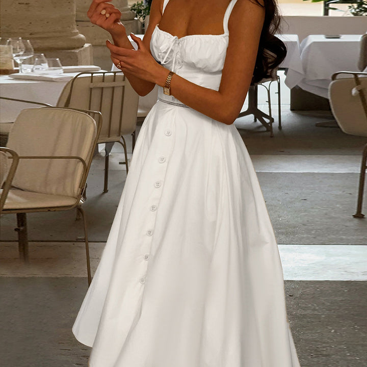 Damen langes Sommerkleid mit tailliertem Oberteil und eleganten Knopfdetails Echo Archiv