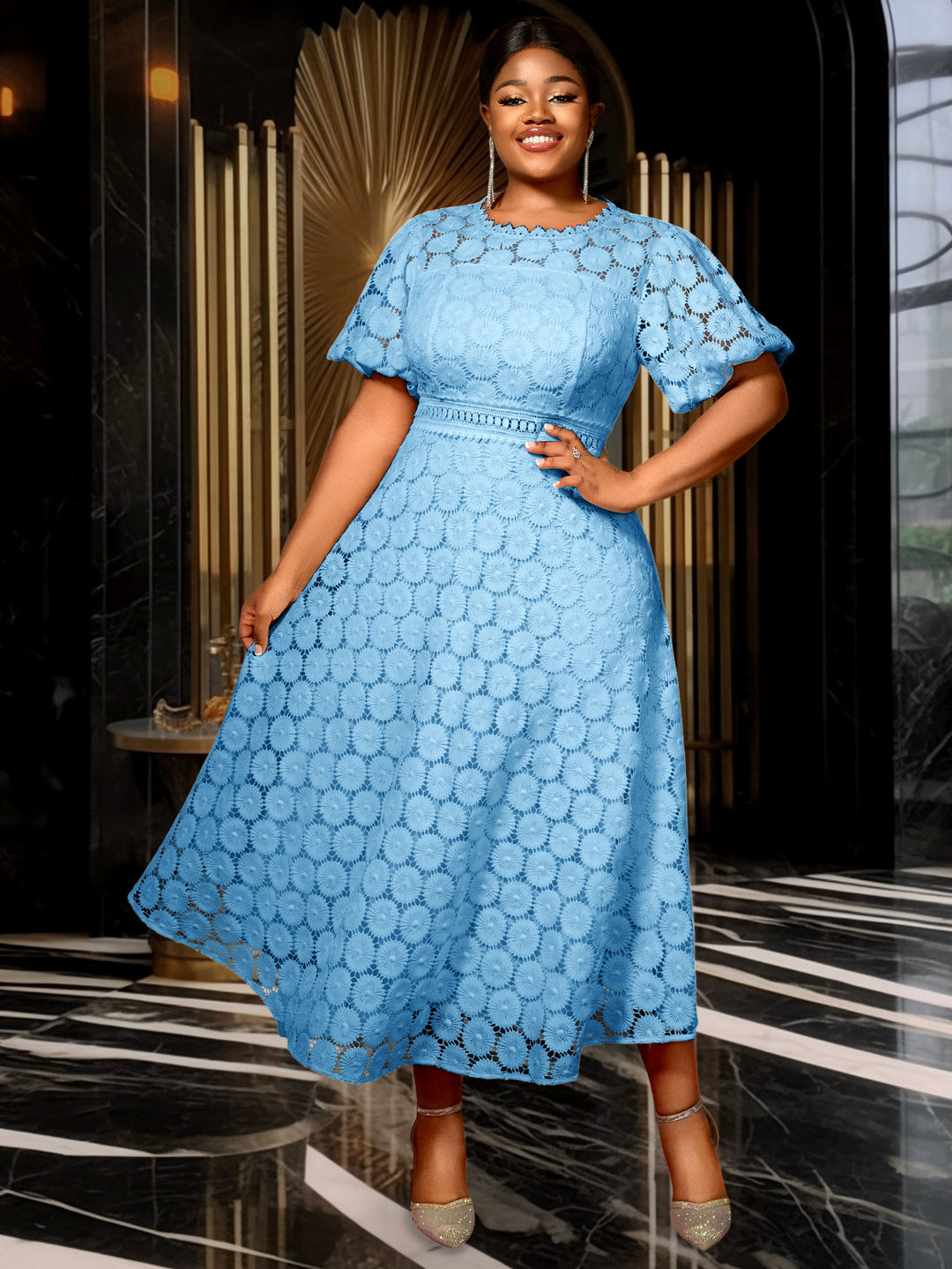 Damen Midi-Kleid mit eleganter Spitzenapplikation und Puffärmeln Echo Archiv