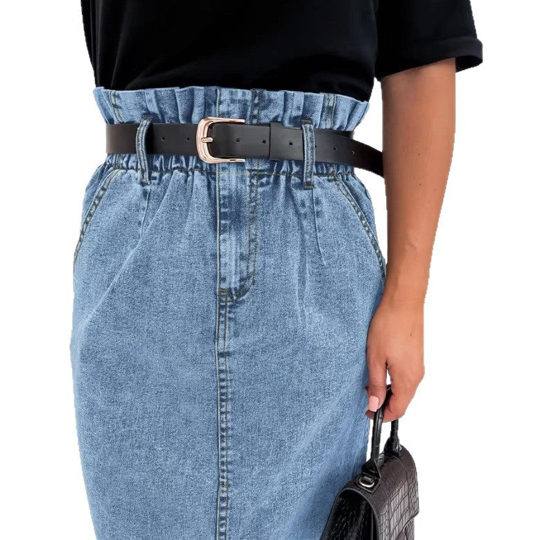 Damen Hochtaillierter Paperbag-Denim-Midirock mit Frontschlitz und Bindegürtel Echo Archiv