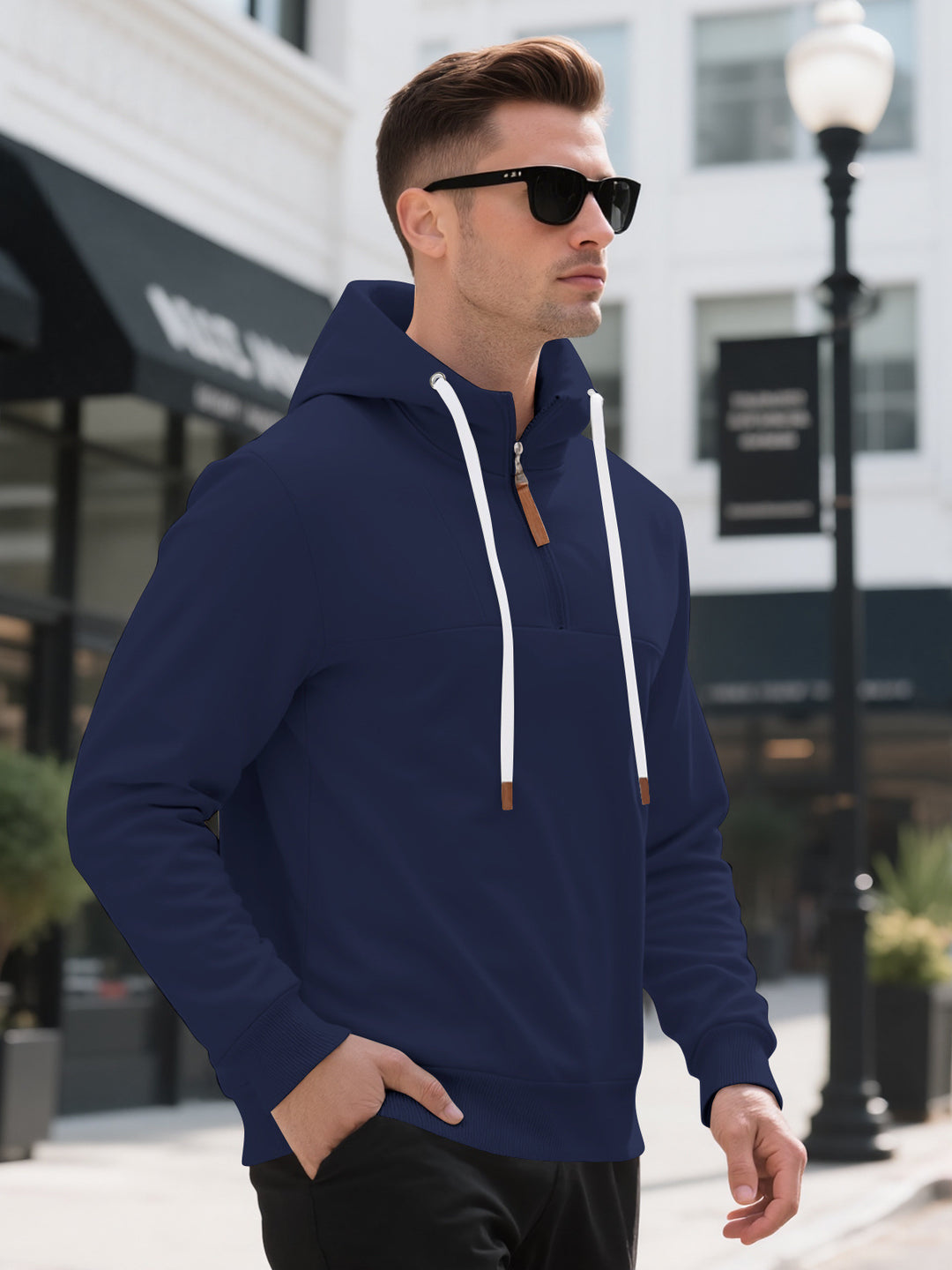 Herren Halbzip-Kapuzenpullover mit Stehkragen, Kordelzug und Lederdetails – Cavarno