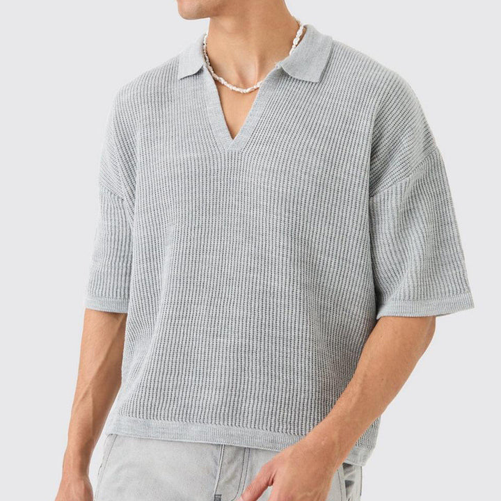 Herren lässiges Strick-T-Shirt mit V-Ausschnitt und kurzem Arm Echoarchiv