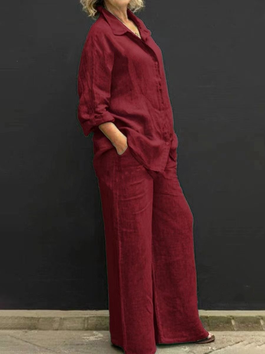 Damen Leichtes Leinen-Loungewear-Set mit Oversized-Hemd und weiter Palazzo-Hose Echo Archiv