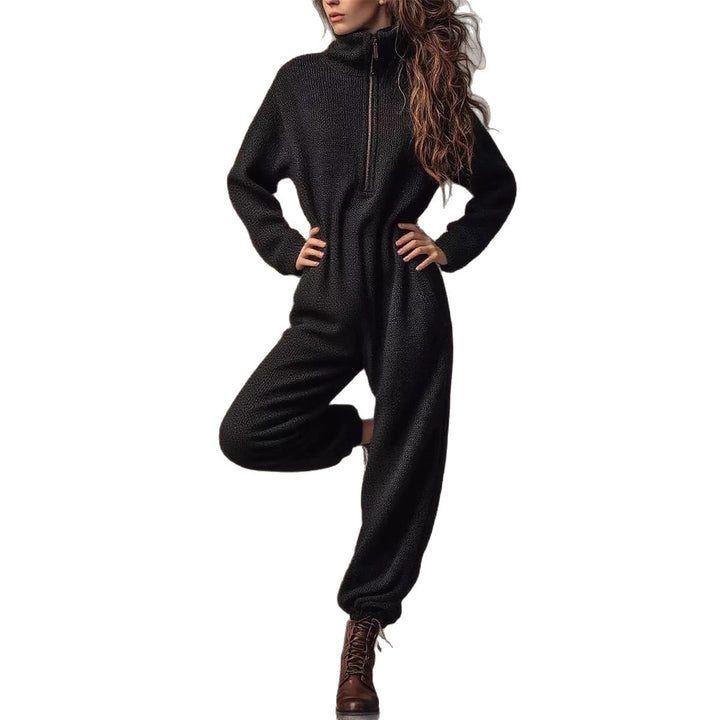 Damen Bouclé-Einteiler mit halbem Reißverschluss, Taillengürtel und weitem Bein – Solévia