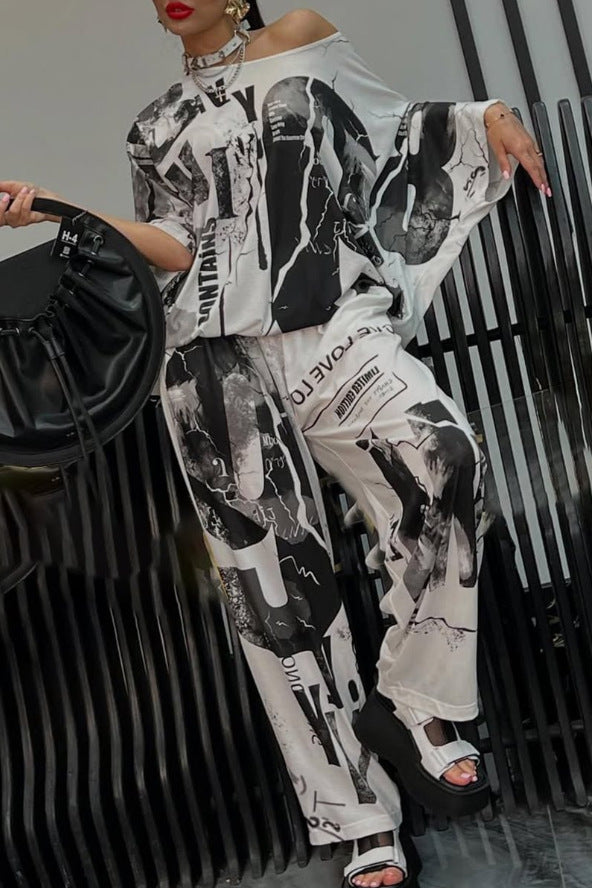 Damen nan zweiteiliges weites Satin-Freizeit-Set mit schulterfreiem Fledermaus-Top und Palazzohose Echo Archiv