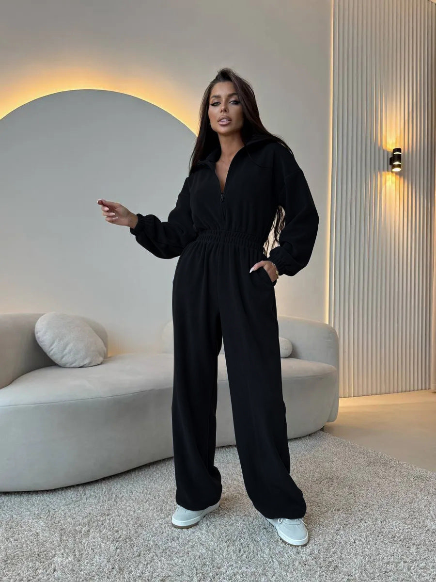 Damen Oversized Loungewear-Jumpsuit mit halbem Reißverschluss und elastischer Taillenraffung – Solévia