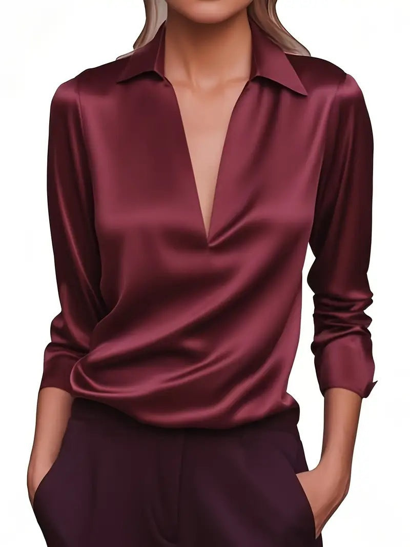 Damen Seidiges Satin-Blusenshirt mit tiefem V‑Ausschnitt und Hemdkragen – Élovi