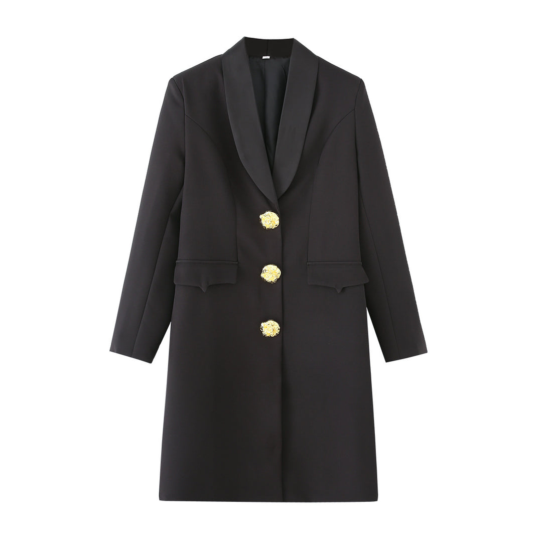 Damen nan taillierter Longblazer mit Schalkragen markanten Schmuckknöpfen und Pattentaschen Echo Archiv