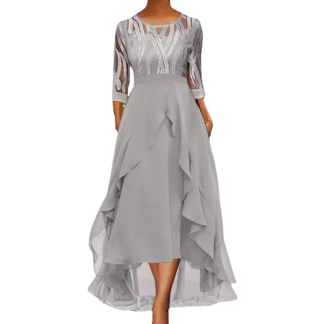 Damen nan edles Chiffon-Abendkleid mit besticktem Tülloberteil, Dreiviertelärmeln und asymmetrischem Stufen-Saum Echo Archiv