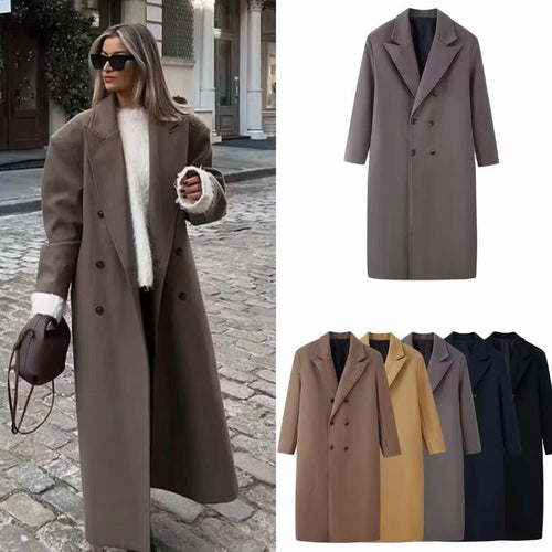 Damen 30+ langer doppeltreihiger Wollmix‑Mantel mit Reverskragen und geradem Schnitt Echo Archiv