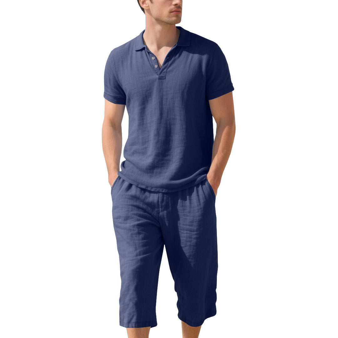 Herren lässiges Kurzarm-Polohemd mit elastischen Leinen-Shorts Echoarchiv