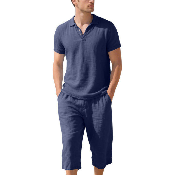 Herren lässiges Kurzarm-Polohemd mit elastischen Leinen-Shorts Echoarchiv