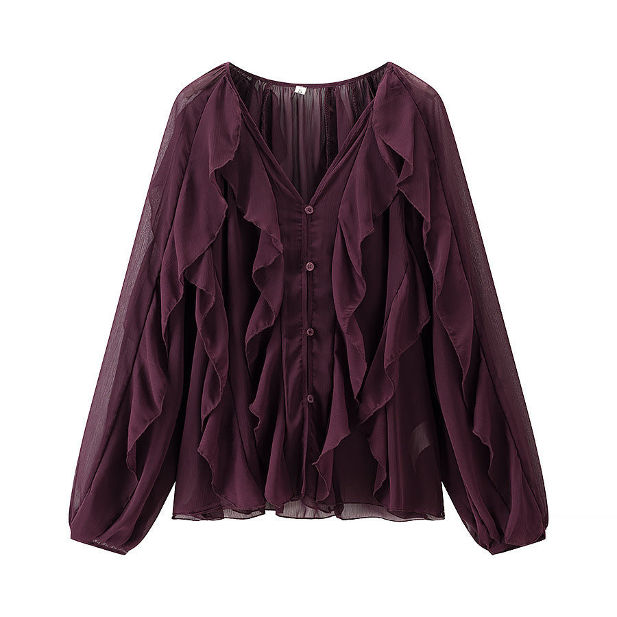 Damen Voluminöse Chiffonbluse mit mehrlagigen Volants und Knopfverschluss Echo Archiv