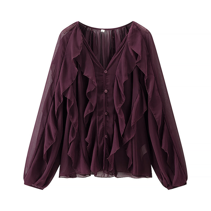 Damen Voluminöse Chiffonbluse mit mehrlagigen Volants und Knopfverschluss Echo Archiv
