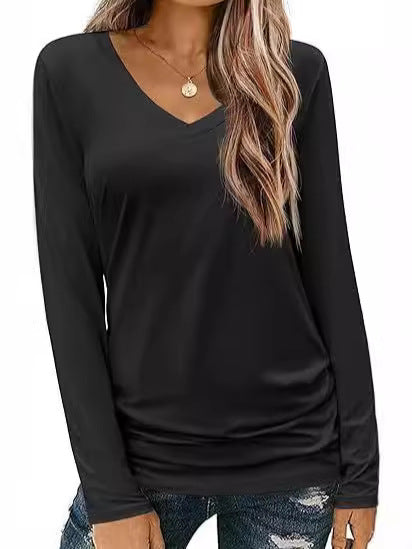 Damen Figurbetontes V‑Ausschnitt Langarmshirt aus Stretch‑Jersey mit leicht gerafftem Saum Echo Archiv