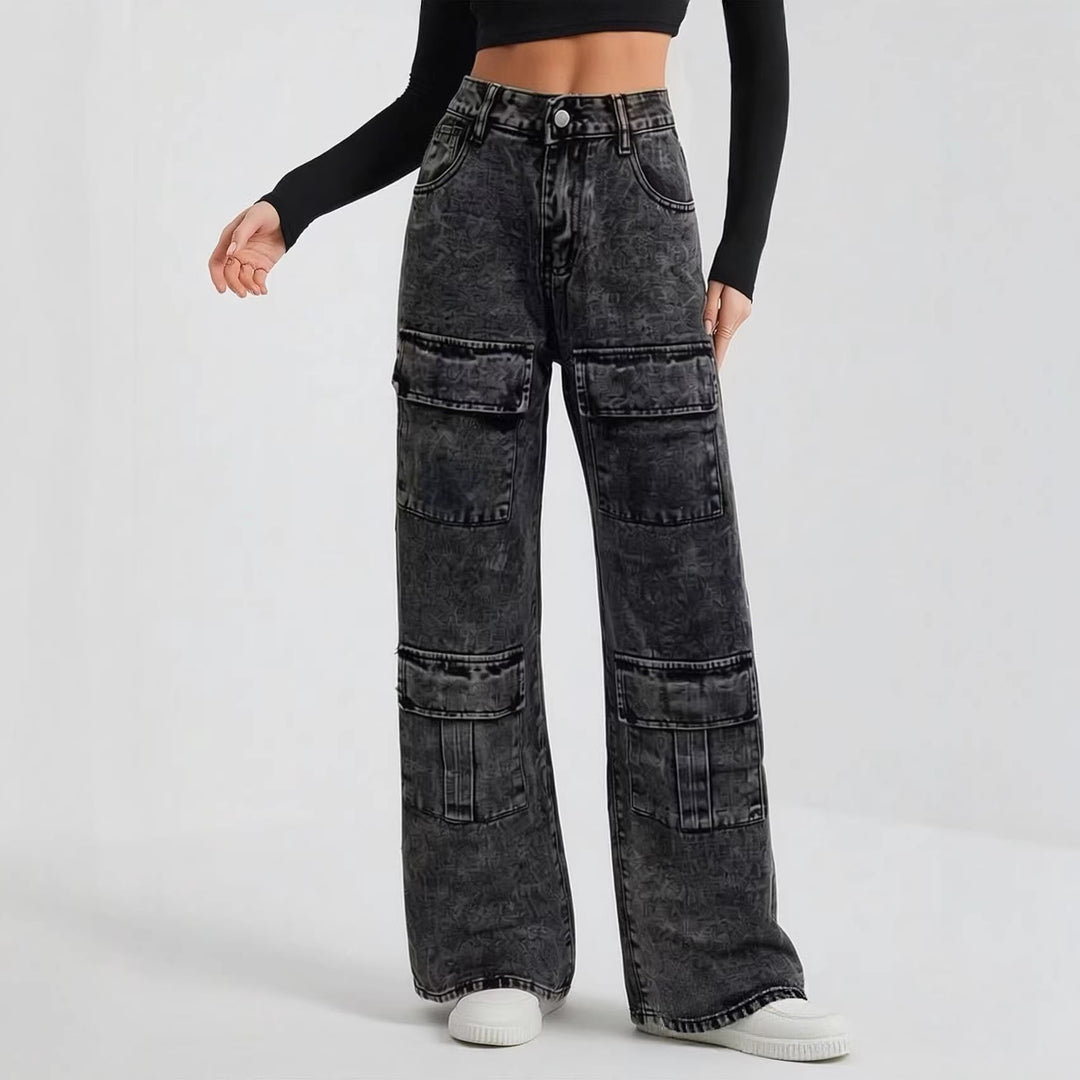Damen nan High‑Waist Utility-Denimhose mit aufgesetzten Knie-Patches, Cargo‑Taschen und weitem Schlag Echo Archiv