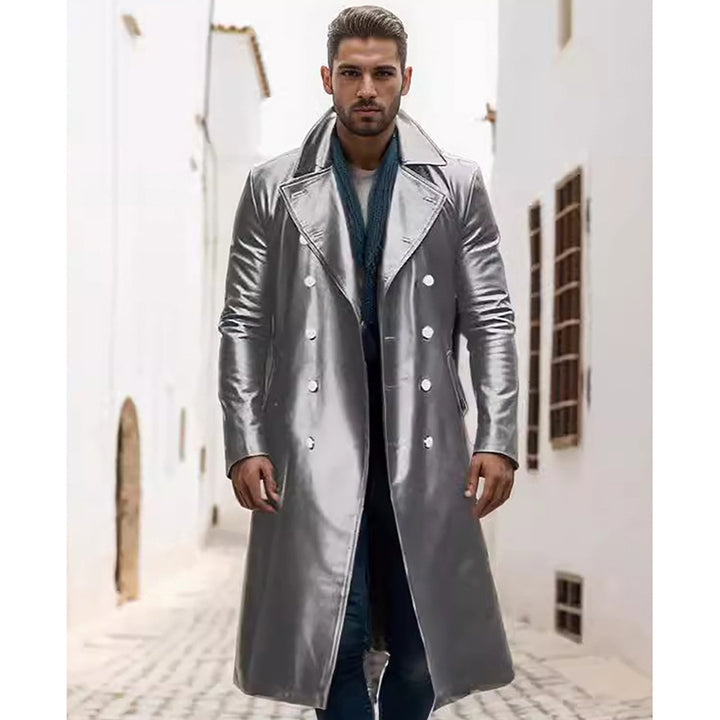 Herren Eleganter, glänzender Trenchcoat mit abnehmbarem Kragen Echoarchiv