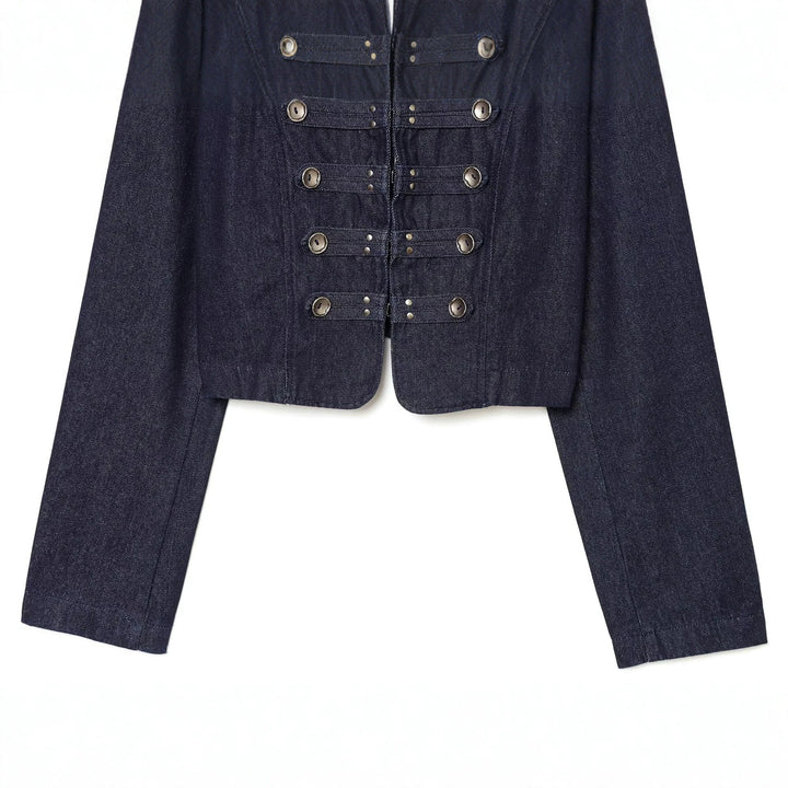Damen kurze Denim‑Militärjacke mit Stehkragen und dekorativer Zierknopfleiste Echo Archiv