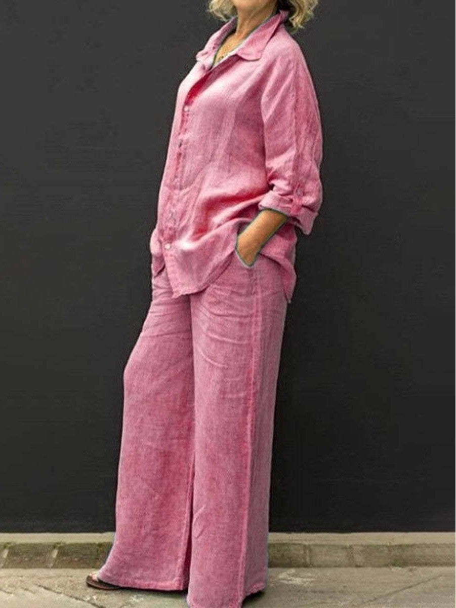 Damen Entspanntes Leinen-Set mit Oversize-Hemd und weiter Palazzo-Hose Echo Archiv