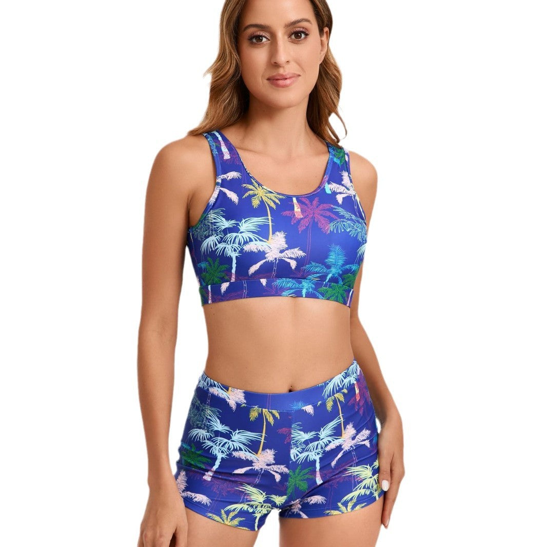 Damen Sportlicher Bikini-Set mit bequemer Shorts und elegantem Palmendruck Echo Archiv