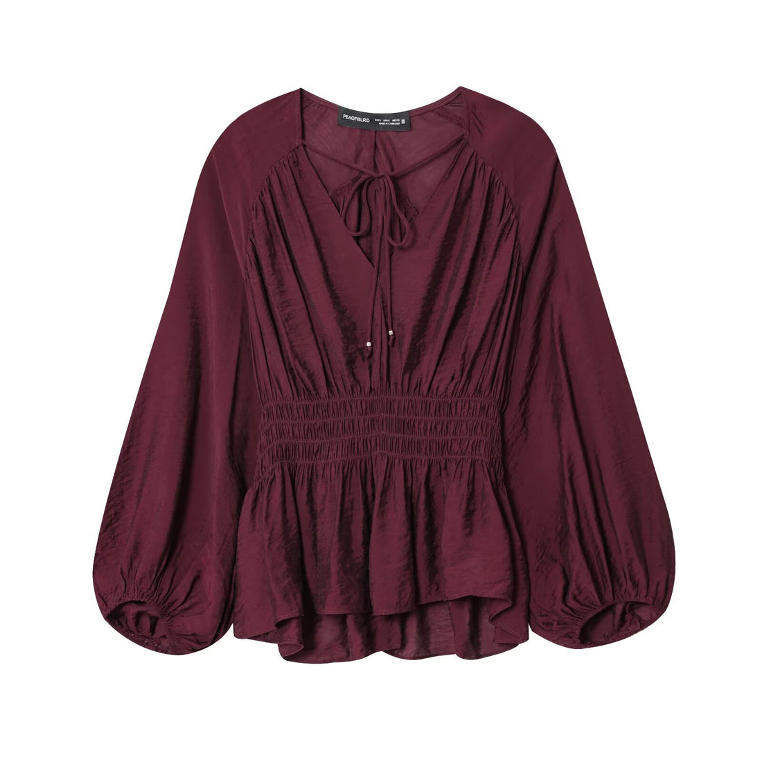 Damen Boho-Bluse mit Smock-Taillenbund, V-Ausschnitt und Ballonärmeln Echoarchiv