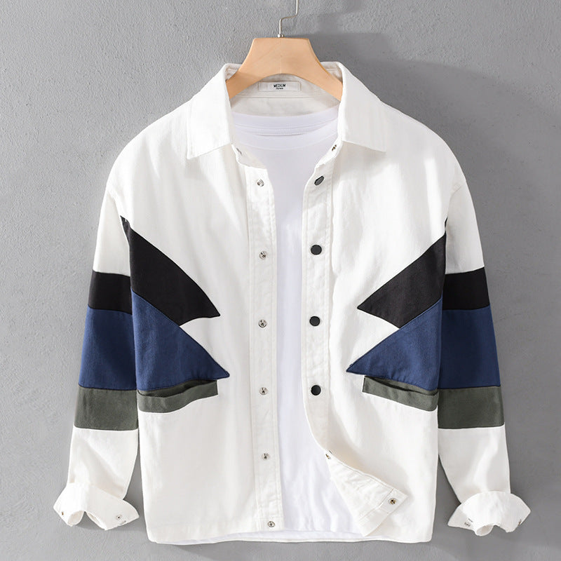 Herren Baumwoll-Overshirt im Layering-Stil mit geometrischen Colorblock-Einsätzen und Druckknopf-Leiste Echoarchiv