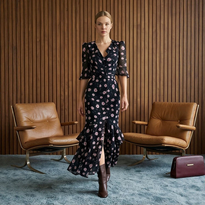 Damen Tailliertes Chiffon-Midikleid mit V-Ausschnitt, dreiviertel Ärmeln und Stufenvolant Echoarchiv