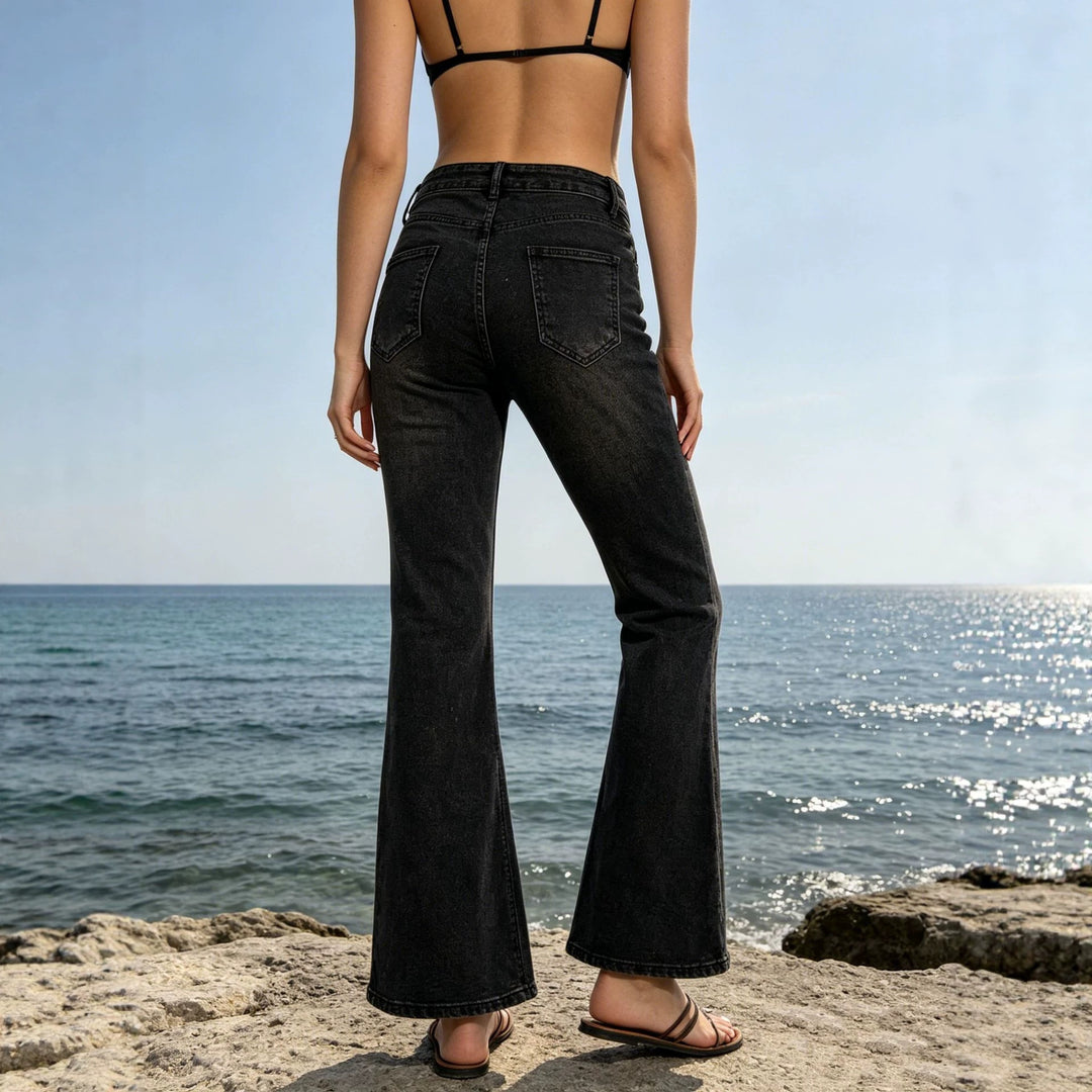 Damen nan hochgeschnittene Flared-Jeans aus Stretch-Denim mit figurbetonter Taille und weitem Bein Echo Archiv