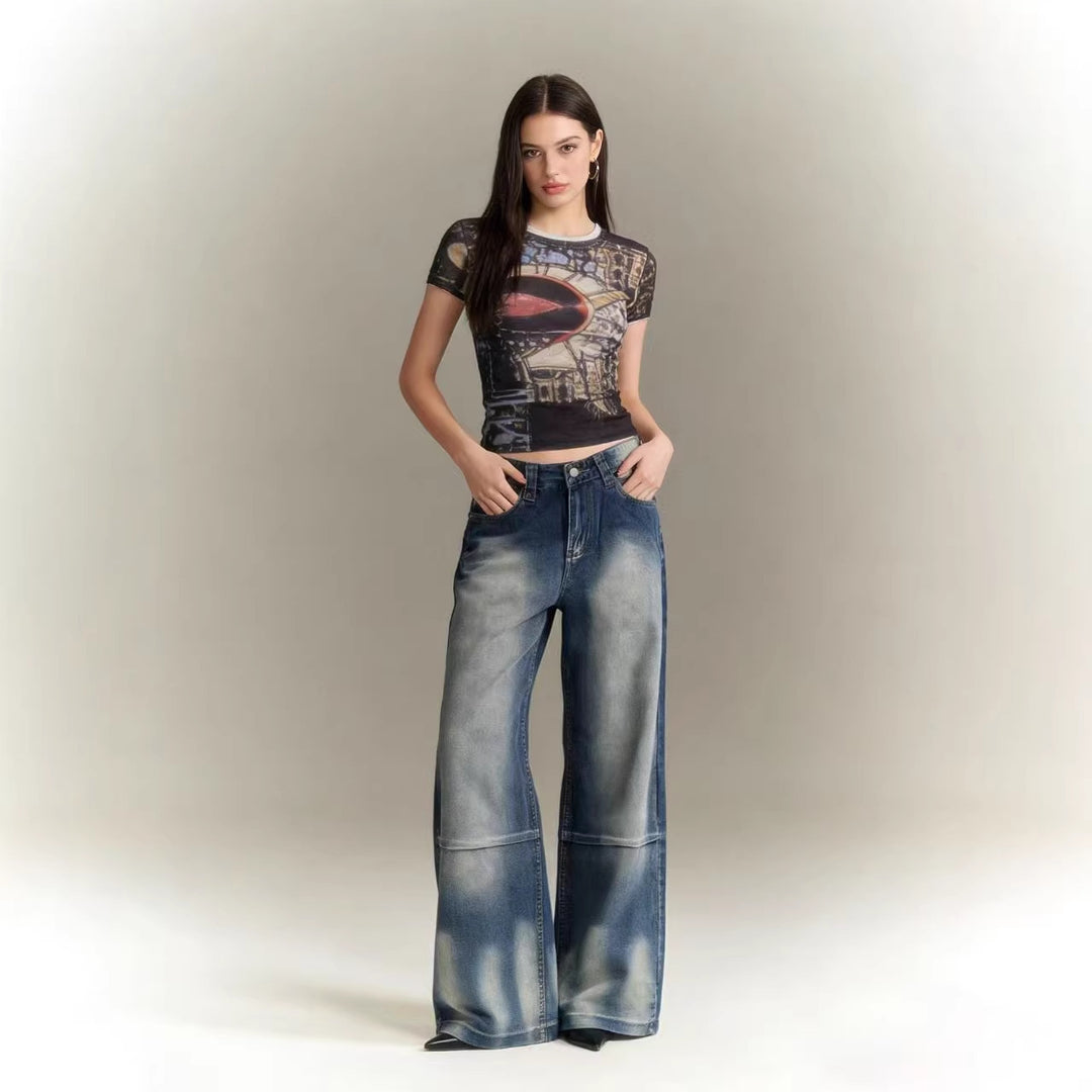 Damen Schlagjeans mit weitem Bein und modischen Waschungseffekten Echo Archiv