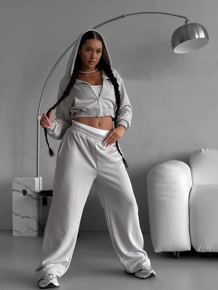 Damen kurzes Zip-Kapuzensweatshirt mit tailliertem Bündchen und weitem High‑Waist French‑Terry Jogginghose Set – Auréline