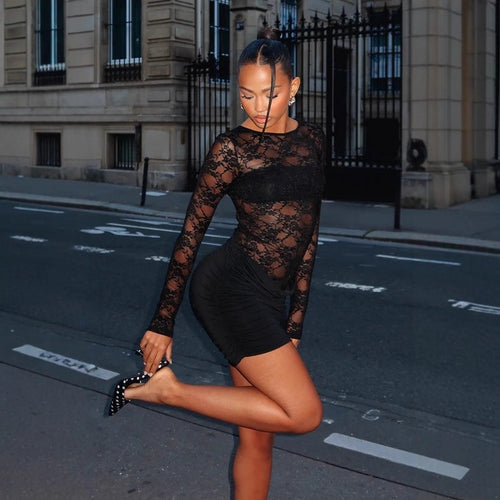 Damen Spitzenminikleid mit Raffungen und transparenten Ärmeln Echo Archiv