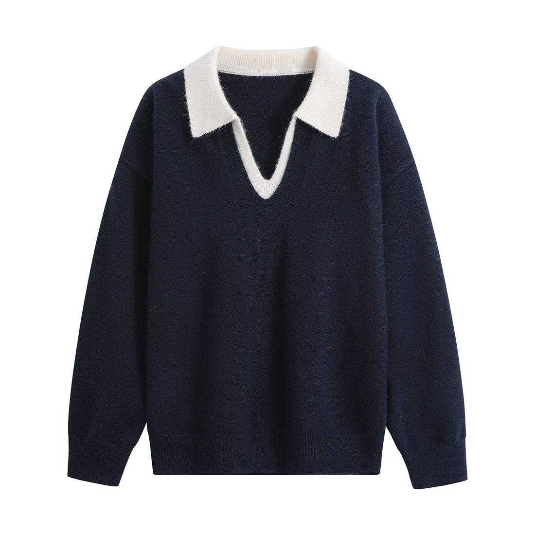 Damen Oversize-Polo-Strickpullover aus weichem Wollmix mit kontrastkragen und tiefem V-Ausschnitt Echoarchiv