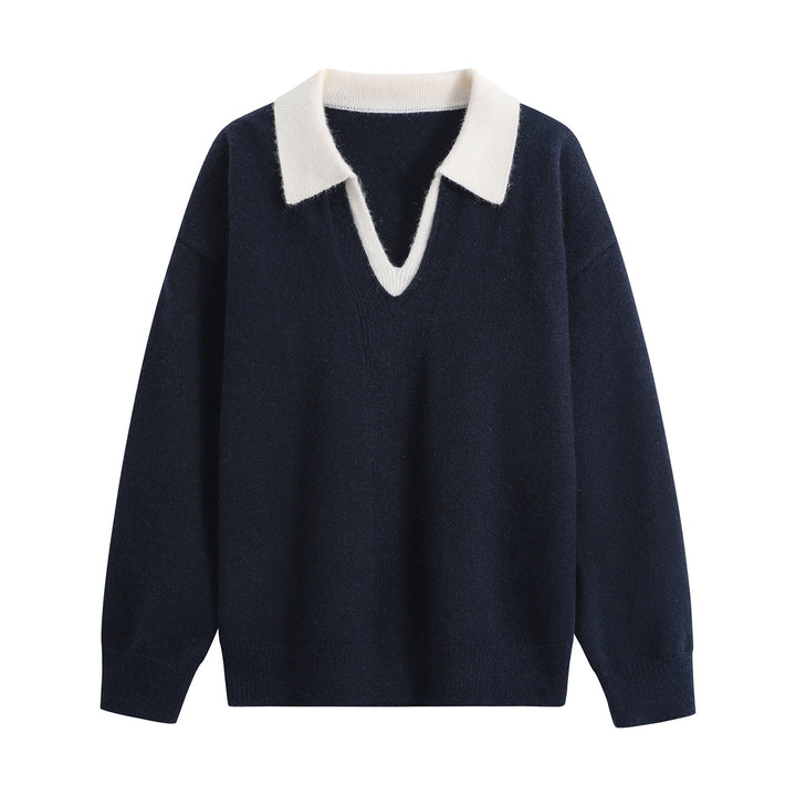 Damen Oversize-Polo-Strickpullover aus weichem Wollmix mit kontrastkragen und tiefem V-Ausschnitt Echoarchiv