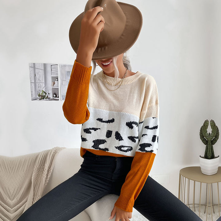 Damen Colorblock Strickpullover mit Leopardenmuster, Rundhals und lässiger Passform Echoarchiv