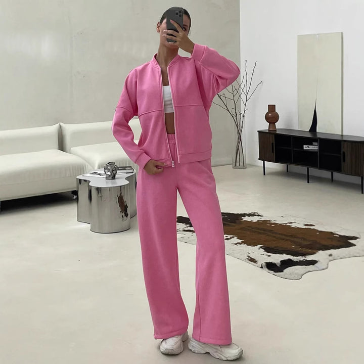Damen lässiges Zip-Lounge-Set mit Stehkragen und weitem Highwaist-Joggpant – Auréline