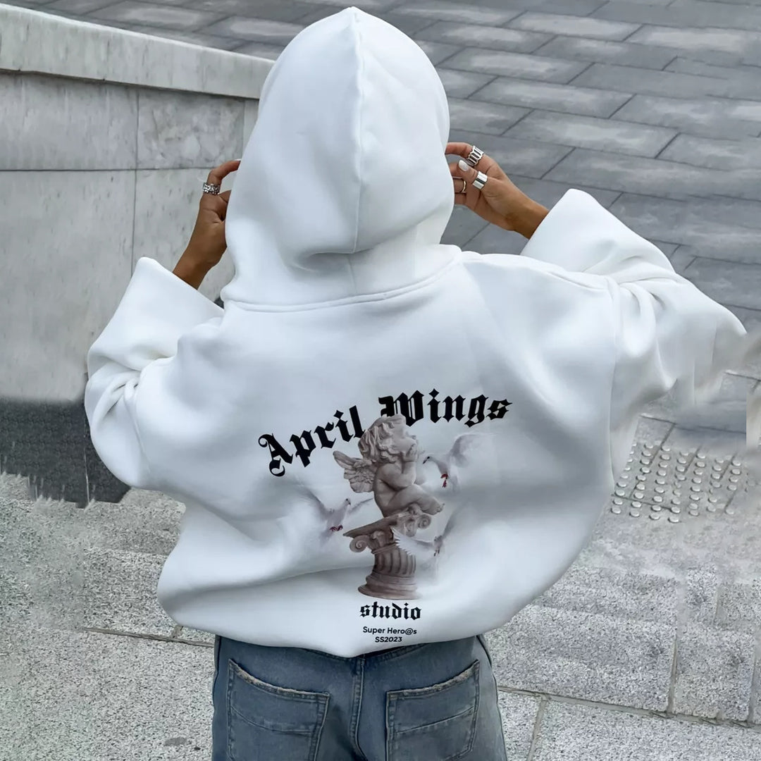 Damen oversized Kapuzenpullover mit Engels-Print und kunstvollem Rückendruck – Auréline