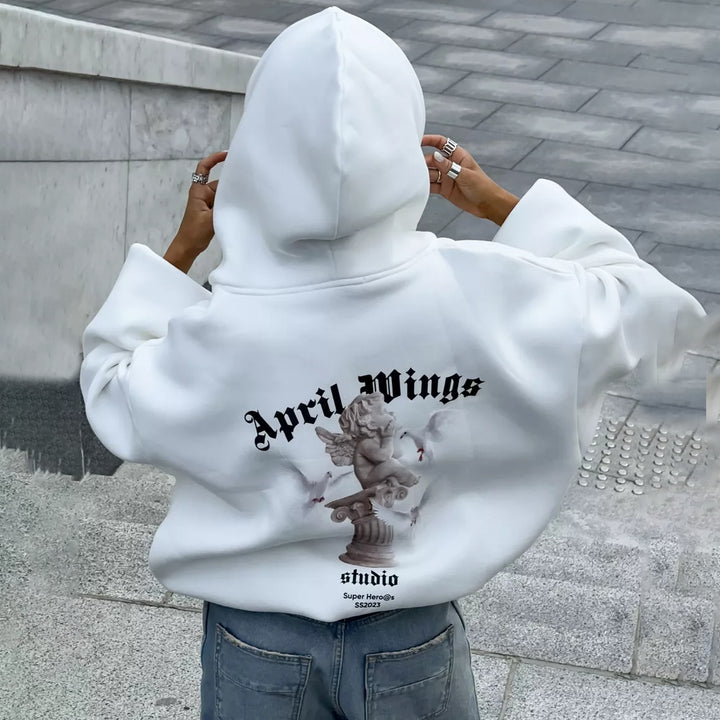 Damen oversized Kapuzenpullover mit Engels-Print und kunstvollem Rückendruck – Auréline