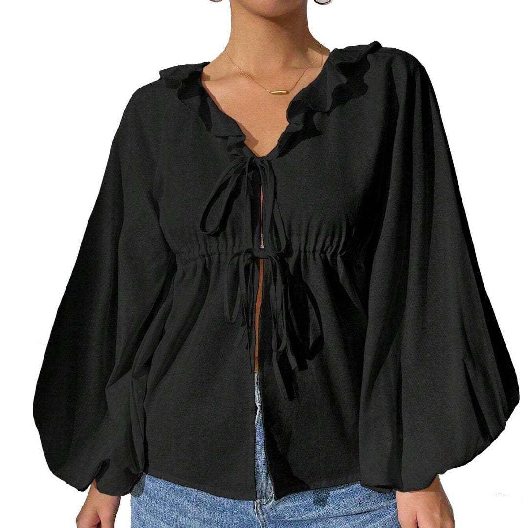 Damen lässige Rüschenbluse mit V‑Ausschnitt, Bindebändern und weiten Ballonärmeln – Élovi