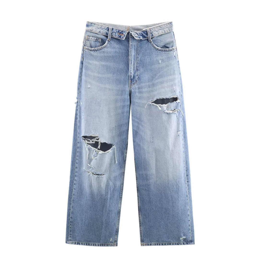 Damen nan weite hochgeschnittene Vintage-Jeans mit Destroyed-Effekten Echo Archiv