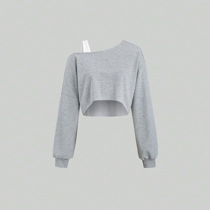 Damen cropped Off-Shoulder Sweatshirt mit einseitigem Träger, Ballonärmeln und Rippbündchen – Avérine