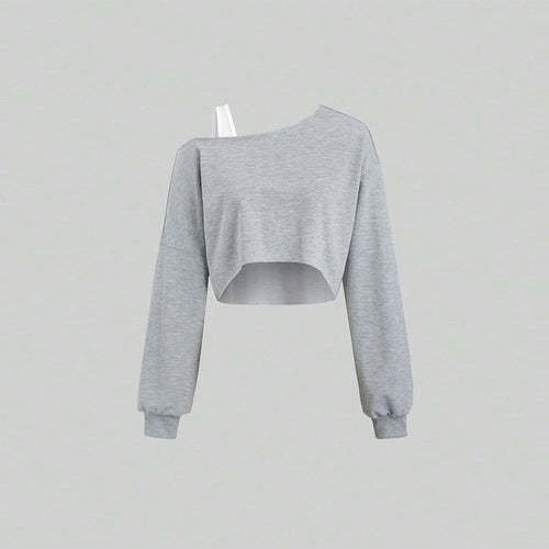 Damen cropped Off-Shoulder Sweatshirt mit einseitigem Träger, Ballonärmeln und Rippbündchen – Avérine